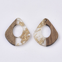 Transparent Resin & Walnut Wood Pendants, with Gold Foil, Waxed, Teardrop, Gold, 32.5x27.5x3.5~4mm, Hole: 2mm