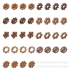Unicraftale 36Pcs 9 Style Walnut Wood Stud Earring Findings, with Hole and 304 Stainless Steel Pin, with 80Pcs Plastic Ear Nuts, Mixed Color, 17~17.5x17~18mm, Hole: 1.6~1.8mm, Pin: 0.7~0.8mm, 4Pcs/style