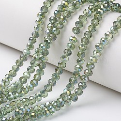 Placcare trasparente perle di vetro fili, placcato in mezzo verde, sfaccettato, rondelle, verde chiaro, 6x5mm, Foro: 1 mm, circa 85~88pcs/filo, 16.1~16.5 pollice (41~42 cm)
