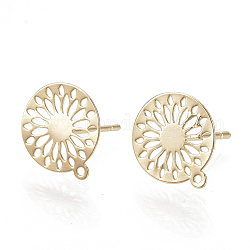 Brass Stud Earring Findings, with Loop, Flat Round, Nickel Free, Real 18K Gold Plated, 12.5x11mm, Hole: 1mm, pin: 0.6mm