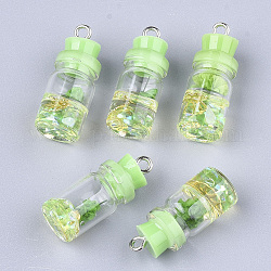 Decoraciones colgantes de botellas de vidrio, con rhinestone de resina y tapón, flor seca y fornituras de hierro, Platino, verde claro, 26~27x9.5~10mm, agujero: 1.8 mm