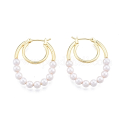 ABS Plastic Imitation Pearl Beaded Double Oval Hoop Earrings, Brass Multi Layered Hoop Earrings for Women, Real 18K Gold Plated, 31x24x4mm, Pin: 0.9mm