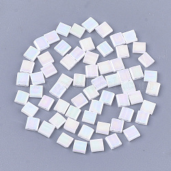 Perline di vetro opaco a 2 foro, colori ab, rettangolo, bianco, 5x4.5~5.5x2~2.5mm, Foro: 0.5~0.8 mm