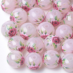 Perlas de vidrio de jade imitación impresas y pintadas con spray, redondo con estampado de flores, rojo violeta pálido, 10~10.5x9.5mm, agujero: 1.6 mm