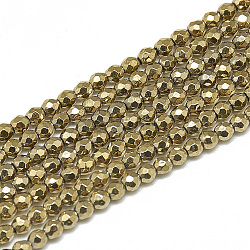 Brins de perles d'hématite synthétiques, facette, ronde, hématite amagnétique, or, 2~2.5mm, Trou: 0.3mm, Environ 189 pcs/chapelet, 15.4 pouce