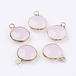 Golden Tone Brass Glass Flat Round Charms, Faceted, Lavender Blush, 18x14x5.5mm, Hole: 1.5mm