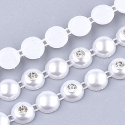 Hilo de guirnalda de cuentas de perlas de imitación de plástico abs, ideal para cortina de puerta, decoración de la boda diy material, con diamante de imitación, semicírculo, blanco, 10.5x4.5 mm, 10 yardas / rodillo