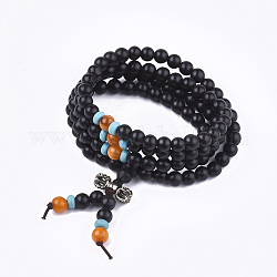 Bijoux de style bouddhiste enroulés 4-boucle, bracelets de mala en bois d'ébène, avec alliage et perles d'agate naturelle, Bracelets élastiques, ronde, noir, 25.1 pouce (64 cm)