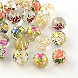 Rosenblumenmuster runden Glasperlen gedruckt, Mischfarbe, 10x9 mm, Bohrung: 1.5 mm