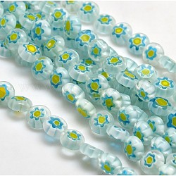 Vidrio millefiori artesanal planas hebras de perlas redondas, diseño de una sola flor, cian claro, 8x4mm, agujero: 1 mm, aproximamente 53 pcs / cadena, 14.7 pulgada