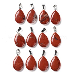 Pendentifs en jaspe rouge naturel en forme de larme, avec les accessoires en laiton de tonalité de platine, 25~29x16~17x5~6mm, Trou: 2x7mm