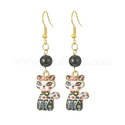 Boucles d'oreilles pendantes en forme de chat en alliage de placage en rack, avec perles acryliques, colorées, 56x14.5mm