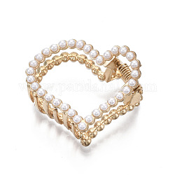 Pinzas para el cabello de la garra de la aleación, con abs de plástico imitación perla, corazón, la luz de oro, blanco, 37x44.5x30mm