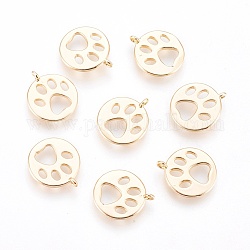 Brass Charms, Flat Round with Dog Paw Prints, Nickel Free, Real 18K Gold Plated, 14x12x1mm, Hole: 1mm