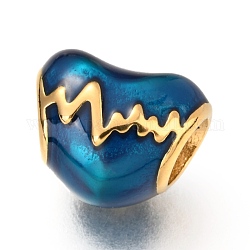 Ionenbeschichtung (IP) 304 europäische Edelstahlperlen, mit Emaille, Großloch perlen, Herzschlag, golden, Blau, 10x12x9 mm, Bohrung: 4.5 mm
