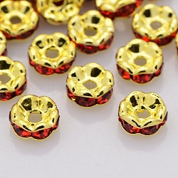 Brass Rhinestone Spacer Beads, Grade AAA, Wavy Edge, Nickel Free, Golden Metal Color, Rondelle, Light Siam, 6x3mm, Hole: 1mm