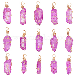 15Pcs Dyed Natural Quartz Crystal Pendants, Light Gold Plated Copper Wire Wrapped Nuggets Charms, 30~35x4~8x4~7mm, Hole: 3.8mm