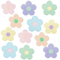Макарон цвет 5-лепестковая форма цветка гладить/пришивать компьютеризированная вышивка полиэстер заплатки для одежды, аппликация, разноцветные, 63.5~64x65.5~66x1.5 мм, 12 шт / комплект