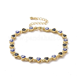 Bracelet chaîne à maillons cœur en émail mauvais œil et zircone cubique, bijoux en laiton doré pour femme, bleu foncé, 7-1/8 pouce (18.2 cm)