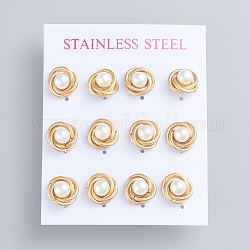 Aretes de 304 acero inoxidable, AMOR pendientes del nudo, con perlas de imitación de plástico y tuercas de oreja, dorado, 11mm, pin: 0.7 mm, 6 pares / tarjeta