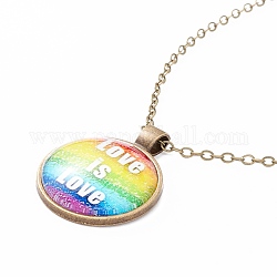 Rainbow Pride Necklace, Love is Love Word Flat Round Pendant Necklace for Men Women, Antique Bronze, Word, 20.08 inch(51cm) 