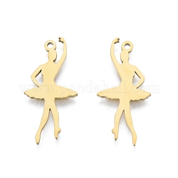 Ion Plating(IP) 201 Stainless Steel Pendant, Ballet Girl Charms, Real 18K Gold Plated, 29x14x1.5mm, Hole: 1.5mm