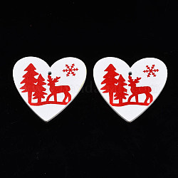 Christmas Theme Spray Painted Wood Pendants, Single-Sided Printed, Heart with Reindeer/Stag & Tree & Snowflake, White, 48x50x2.5mm, Hole: 2mm
