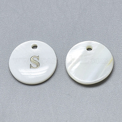 Natürliche weiße Muschel Perlmutt Muschel Charms, mit Eisenaufkleber, flach rund mit Brief, letter.s, 13x2 mm, Bohrung: 1.5 mm