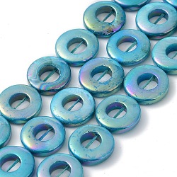 Brins de perles d'eau douce naturelles teints en coquille, couleur ab , donut, turquoise moyen, 15x2.5mm, Trou: 0.5mm, Environ 25~26 pcs/chapelet, 15.16''~15.28'' (38.5~38.8 cm)