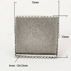 Laiton supports pour dormeuses, sans nickel, platine, 13x13mm, Plateau: 12x12 mm, pin: 0.6 mm d'épaisseur