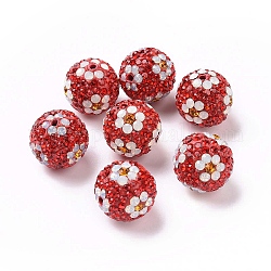 Polymer Clay Rhinestone Beads, Pave Disco Ball Beads, Round with Flower, Light Siam, 16mm, Hole: 1.6~1.8mm