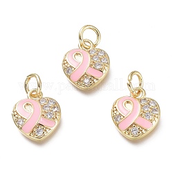 Brass Micro Pave Clear Cubic Zirconia Pendants, with Jump Rings, Heart, Real 18K Gold Plated, Pearl Pink, 11.5x10x2.5mm, Hole: 3.5mm