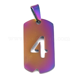 Ion Plating(IP) 304 Stainless Steel Pendants, Manual Polishing, Rectangle with Number, Rainbow Color, Num.4, 27.5x14.5x1.5mm, Hole: 3.5mm
