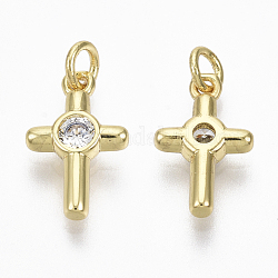 Brass Micro Pave Cubic Zirconia Tiny Cross Charms, with Jump Ring, Nickel Free, Clear, Real 18K Gold Plated, 12x8x2.5mm, Hole: 2mm