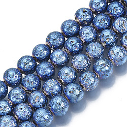 Fili di perle di roccia lavica naturale elettrodeposta, tondo, accidentato, blu, 8.5mm, Foro: 1 mm, circa 47pcs/filo, 15.35 pollice (39 cm)