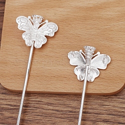 Alloy Hair Stick Findings, with Iron Pins, Butterfly, Silver, 135x34x9.5mm