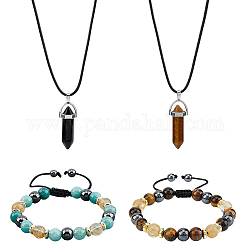 Fibloom-Halsketten mit Kugelanhänger aus natürlichen gemischten Edelsteinen und geflochtenes Perlenarmband, Schmuck-Set, 17.72 Zoll (45 cm), Innendurchmesser: 2~3-1/8 Zoll (5~7.9 cm)