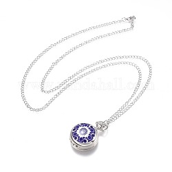 Alloy Porcelain Flat Round Pendant Necklace Pocket Watch, with Iron Chains and Lobster Claw Clasps, Quartz Watch, Blue and White Style, Platinum, Blue, 31.5 inch~32.2 inch, Watch Head: 40x29x14mm