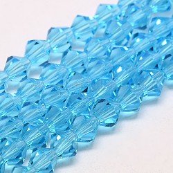 Nachzuahmen österreichischen Kristall Doppelkegel Glasperlen Stränge, Klasse AA, facettiert, Deep-Sky-blau, 4x4 mm, Bohrung: 1 mm, ca. 93~95 Stk. / Strang, 14 Zoll