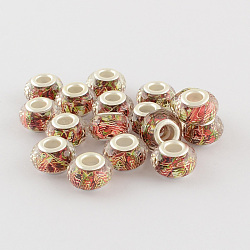 Large Hole Printed Acrylic European Beads, with Silver Tone Brass Double Cores, Faceted Rondelle, Brown, 14x9mm, Hole: 5mm