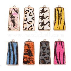 Eco-Friendly Cowhide Leather Pendants, with Golden Plated Alloy Cabochon Settings, Trapezoid with Spot Pattern, Mixed Color, 40~41x20x2.5mm, Hole: 1.6mm