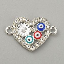 Connecteurs de lien d'émail d'alliage, avec strass cristal, coeur avec le mauvais œil, couleur d'argent, motif de coeur, 16x23x2.5mm, Trou: 1.8mm