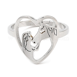 304 Stainless Steel Heart with Horse Adjustable Ring for Women, Stainless Steel Color, US Size 6(16.5mm)