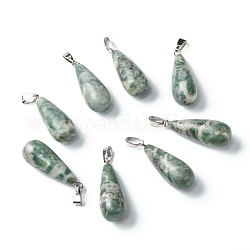 Pendentifs de jade qinghai naturel, avec les accessoires en laiton de platine, larme, 26.5~29x10mm, Trou: 2.5~3.5x4~6mm