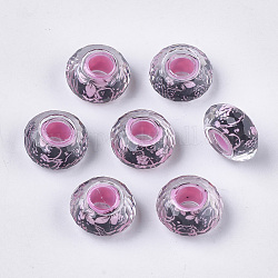 Resin European Beads, Large Hole Beads, Faceted, Rondelle, Flower Pattern, Hot Pink, 14x8mm, Hole: 4.5~5mm