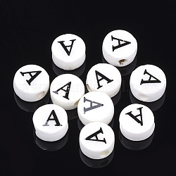 Handmade Porcelain Beads, Horizontal Hole, Flat Round with Letter, White, Letter.A, 8~8.5x4.5mm, Hole: 2mm