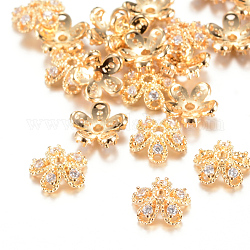 55-pétalo tapas de abalorios de latón, con diamante de imitación, flor, cristal, la luz de oro, 8x8.5x3mm, agujero: 1 mm