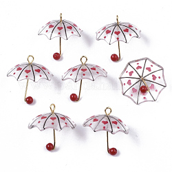 Gedruckt Acryl Anhänger, abs Kunststoffimitat Perle und vergoldete Messingschlaufen, 3d Regenschirm mit Herzmuster, rot, 20~21x20x20 mm, Bohrung: 1.6 mm
