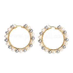 304 Stainless Steel Hoop Earrings, Hypoallergenic Earrings, with Round Shell Pearl Beads, Ring Shape, Golden, Colorful, 60~61x64~65x8mm, Pin: 0.6x1mm