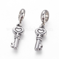 304 Stainless Steel European Dangle Charms, Large Hole Pendants, Key with Heart, Antique Silver, 29mm, Hole: 5mm, Pendant: 19x8x3mm